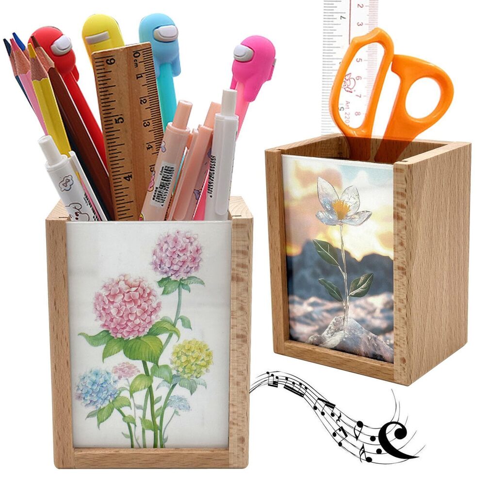 1572 Solid Wood Mini Photo Frame Pen Holder Wind Up Music Box for Desk